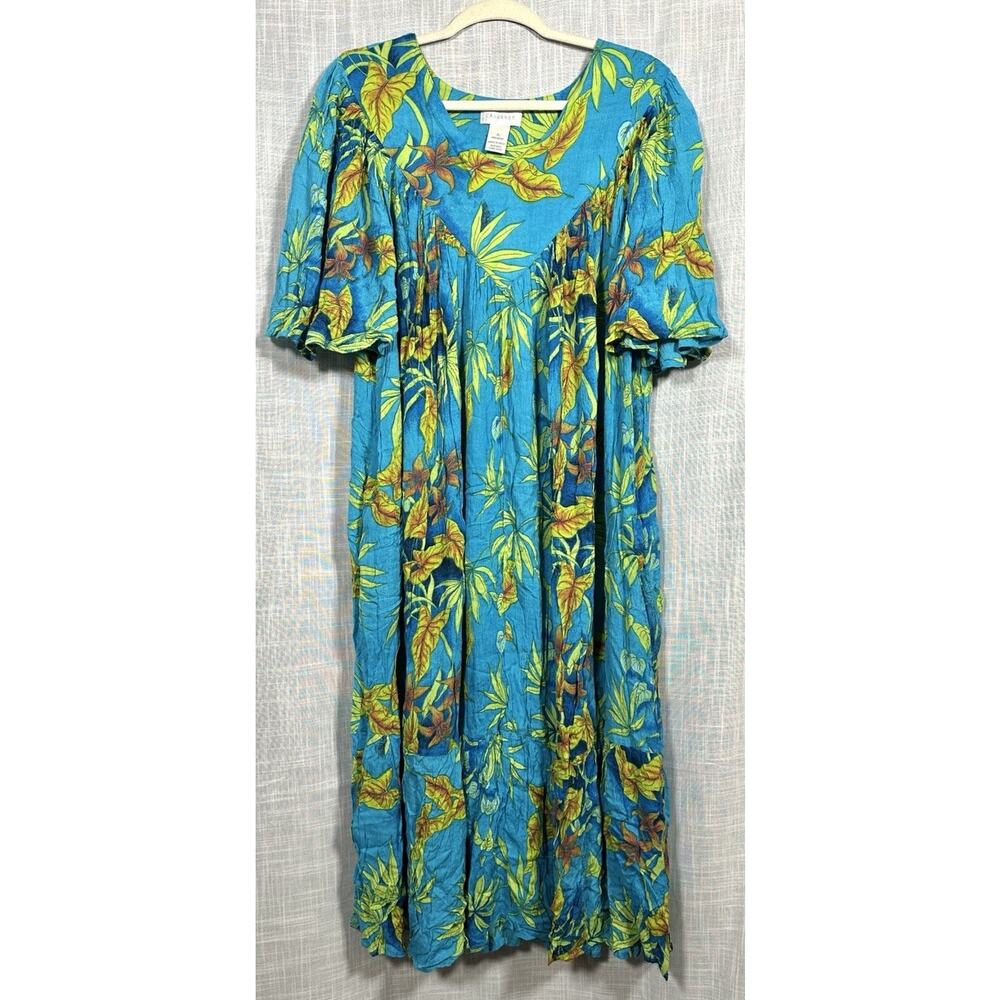 Cabernet Patio Casuals Long Blue Floral Embroidered Pockets Dress Size XL